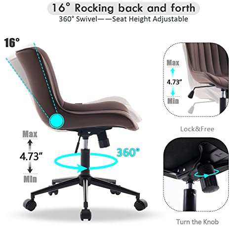Image of YOUNIKE Brown Ergonomic Home Office Desk Chair with Wheels Comfy Armless Vanity Chair with Back Modern Leather Upholstered Rolling Task Chair Small Cute Computer Drafting Chair Wide Swivel Adjustable