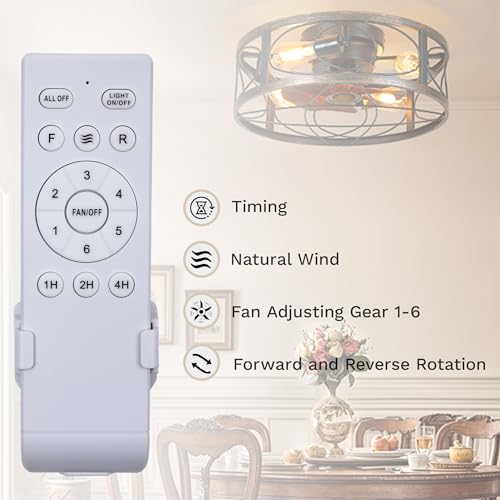 DWVO 20 Inch Caged Ceiling Fan with Lights and Remote, Farmhouse Flush Mount Low Profile Ceiling Light Fixture with Reversible DC Motor, 6 Speeds, for Living Room, Dining Room, Bedroom (Brown + Black)