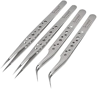 Sanhooii 4-Piece Tweezers Set Anti-Static Stainless Steel Precision ESD Tweezers 2 Straight 2 Curved for Tools for Electronics Jewellery Making Industry Grip Silver