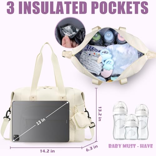 Image of Tuwubi Diaper Bag Tote,Baby Diaper Bag with Pacifier Case Large Travel Diaper Tote Caddy for Mom and Dad Multifunction Large Baby Bag - M-White