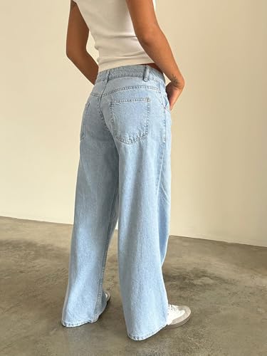 Women Straight Wide Leg Jeans Low Waist Zipper Button Solid Boyfriend Denim Pants with Pockets Streetwearear4