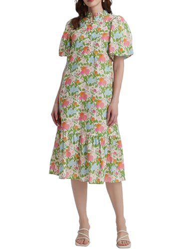 Summer Floral Midi Dress for Women Puff Short Sleeve Button Down V Neck Pretty Garden Boho Dresses