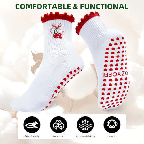 Non Slip Pilates Socks: 3 Pairs Crew Cotton Ruffle Grip Socks for Women3
