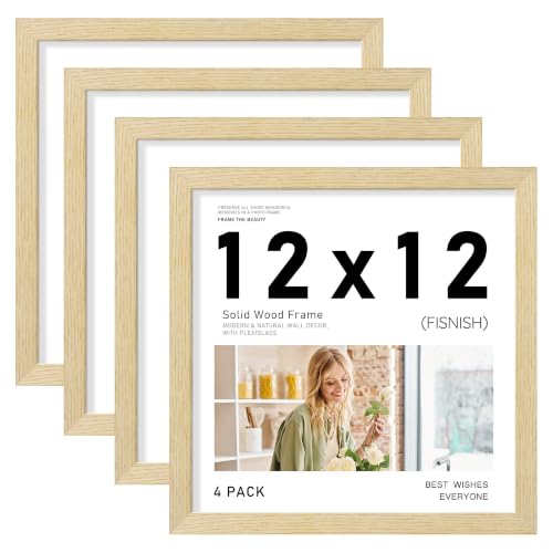 Image of 12x12 Picture Frame Set of 4, Natural Solid Wood Frames, Wall Mount