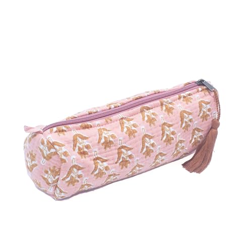 NILUXE DESIGN Estuche de Algodón Acolchado con Cremallera y Flecos - Estampado Variados - Estuche Multiusos - Estuche Maquillaje-Escolar (Flor-Marrón)
