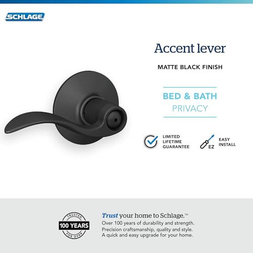 Image of Schlage F40 ACC 622 Accent Door Lever, Bed & Bath Privacy Lock, Matte Black