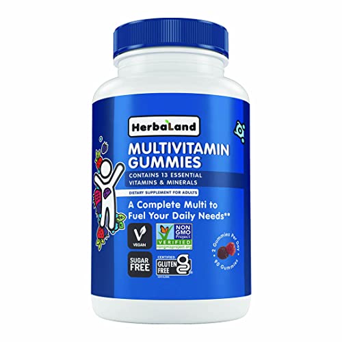 Herbaland Vegan Multivitamins Gummies For Adults - 13 Essential Vitamins, Vitamin A, C, D3, E, B6, B12, Zinc, Complete Supplement, Sugar-Free and Organic - 4.4 grams, Mixed Berry Flavor, 90 Count