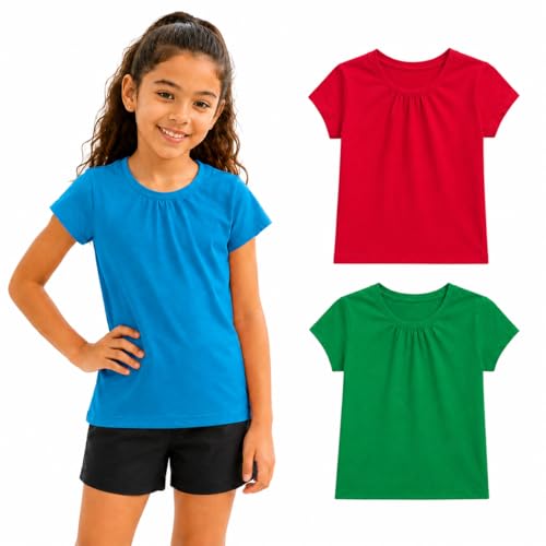 Image of Bienzoe Plain Solid Girls T-Shirts: School Basic Tee 3-Pack | Short Sleeve, Ages 4-13, PE, Recess, Outdoor Play, Soft Cotton Blend, Breathable Quick-Dry, Easy Care, Easy to Mix and Match
