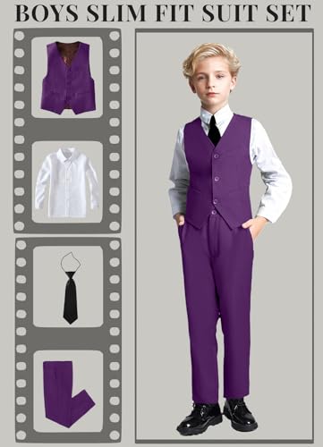 Image of YuanLu Toddler Boys Formal Suits Set,Vest Pants Dress Shirt and Tie for Kids Boy Wedding Ring Bearer Oufit