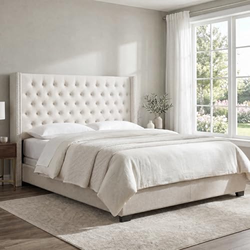 Image of Madison Park Queen Wingback Upholstered Tufted Headboard, Featuring High-Density Sponge Padding, Adjustable Height Headboard, Easy Assembly, Beige Velvet