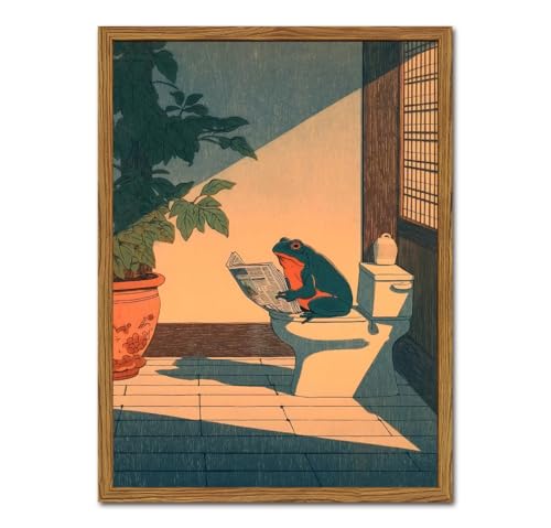 Funny Frog Bathroom Wall Art, Cute Japanese Frog in Toilet Wall Decor, Whimsical Green Animal...