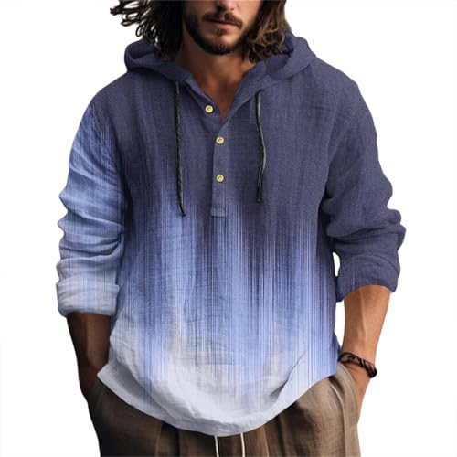 Casual Long Sleeve Hooded Sweatshirt For Men Quarter Button Drawstring Sports Pullover Gradient Color Wander Hoodies