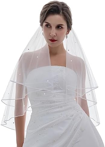 SAMKY 2T 2 Tier 1/8" Ribbon Crystal Circular Veil - Light Ivory Elbow Length 30" V540
