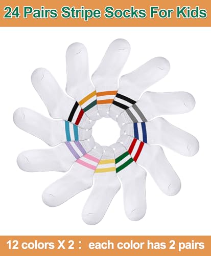 Eurzom 24 Pairs Kids Striped Crew Socks Boys Girls 6-10 Years Back to School Sporty Athletic Socks Colorful Retro Stripe Athletic Hosiery for Boys Girls School Daily Wear4