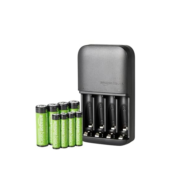 Amazon Basics NiMh Rechargeable Batteries (4 AA & 4 AAA) with 4 Bay Battery Charger, Type A (American) Plug, Black, 8 Count
