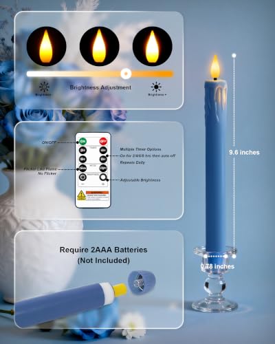 Image of Homemory 3 Pcs Waxy Blue Flameless Taper Candles with Remote Timer, LED Fake Candlesticks, 9.6 Inches Battery Tall Candle with 3D Flickering Flame for Wedding, Dinner, Christmas Anniversary Decor