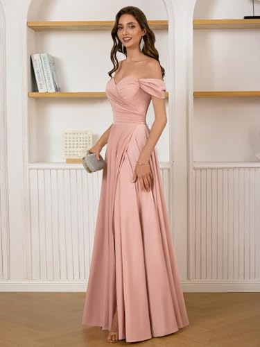 Satin Bridesmaid Dresses Long for Women Off The Shoulder Prom Dresses with Slit A Line Pleated Formal Party Gowns3