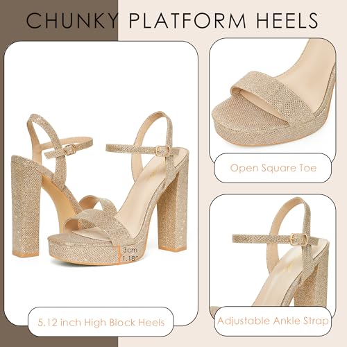 GENSHUO Platform 5 inch High Heels for Women Block Chunky High Heeled Sandals Square Open Toe Ankle Strap Glitter Sexy Shoes for Wedding Party Prom Dance3