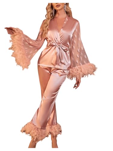 OYOANGLE Women's 2 Piece Pajama Set Satin Contrast Mesh Feather Trim Long Sleeve Belted Top and Pants Lounge Sets