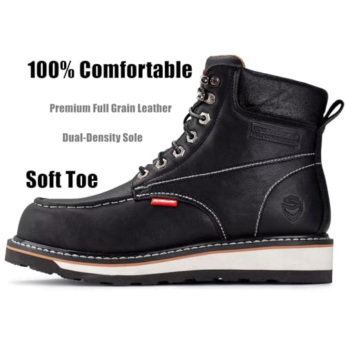 SUREWAY Mens Heavy Duty Soft/Composite/Steel Toe Work Boots for Men-Comfortable,Goodyear Welt,Full Grain Leather,6 in Wedge Moc Toe Construction Boots/Shoes,Soft Toe White Sole,Size 112