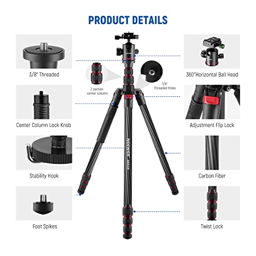 NEEWER Upgraded 80.7" Carbon Fiber Camera Tripod Monopod with Telescopic 2 Section Center Axes, 360° Panorama Ballhead, 1/4" Arca Type QR Plate, Travel Tripod with ø28mm Column, Max Load 26.5lb, N55CR