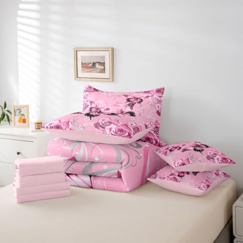 Image of Feelyou Cute Butterfly Comforter Set with Sheets 7 Piece Full Size 3D Butterflies Bedding Set for Kids Boys Girls Galaxy Dreamy Bed in a Bag Glitter Rose Floral Room Decor Soft Microfiber