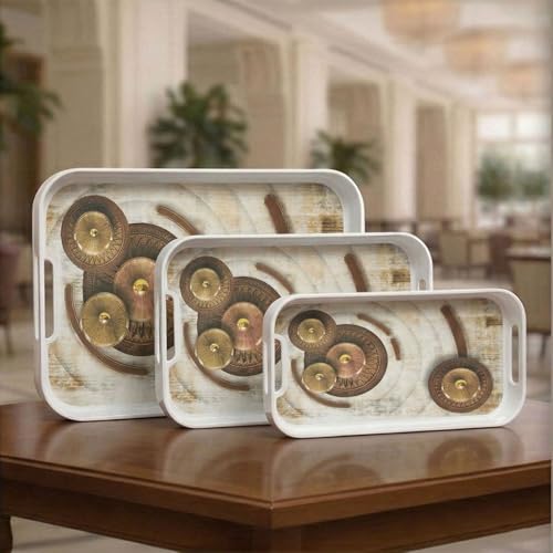 Image of Melamine Serving Tray Set | Serving Trays | Tray for Serving Tea, Coffee, Snacks | Break Resistant| Double Laminated | Multi-use | Glossy |Tray Set of 3 (Small, Medium, Large) (Brown)