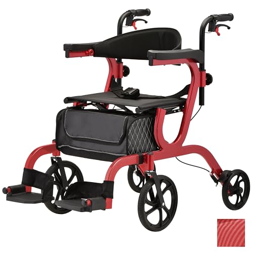 NOVA 2-in-1 Rollator & Transport Chair Combo, Folds & Stands Easily, Removable Footrests with Heel Loops, 10? Front and 8? Rear Wheels, Red