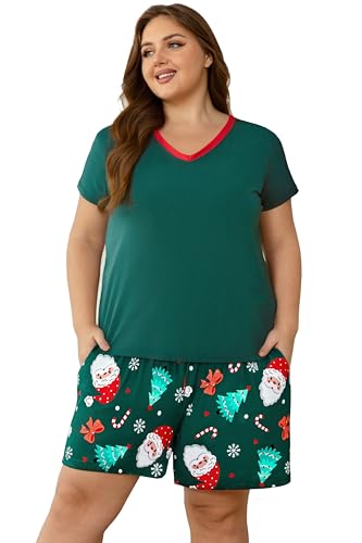 Image of Vozanet Women's Short Sleeve Top and Shorts Pajama Sets Plus Size V Neck Colorful Flower Nighty Loungewear With TWO Pockets