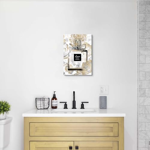 Image of HILL WEST Fashion Glam Wall Art - Perfume Bottle Canvas Picture Elegant Gold Floral Painting Contemporary Prints Modern Artwork for Girls Makeup Room Bedroom