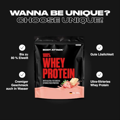 Body Attack 100% Whey Protein - Cookies N Cream - 900g - Made in Germany - Extra cremiges Eiweißpulver mit Hydrolysat & BCAA´s, unterstützt Muskelaufbau und Diäten - Für Sportler & Athleten