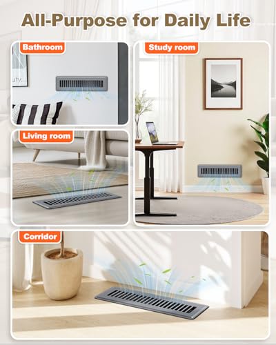 Image of 2 x 12 Floor Register, 4 Pack - Gray Vent Covers for Home Floor, Anti-Rust Coated Metal Surfaces with Adjustable Airflow Control Lever, Ideal for HVAC Systems, Living Room & Bedroom Floor Vents