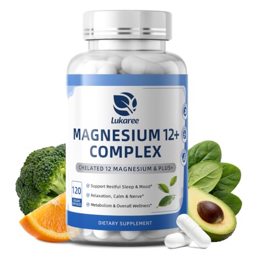 Magnesium Complex 12+ with Glycinate, L-Theanine, Citrate & B6,120 Capsules | Chelated Absorption Magnesium Glycinate Plus Ashwagandha,Lithium - Support for Sleep,Muscle & Nerve*-Men & Women - Vegan |GMP