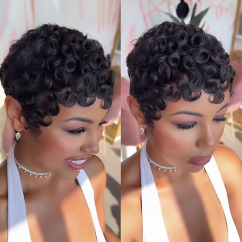 PangDongLai Chic Elegent Pixixe Cut Curly Wigs for Black Women Short Layered Pixie Cut Human Hair Wigs With Bangs Natural Black Color No Glue Short Curly Human Hair Wig