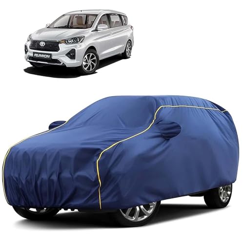 Image of Sulfar 100% Water Resistant Car Body Cover Compatible with Mirror for Toyota Rumion(Ertiga) (Triple Stitched, Full Bottom Elastic, Blue Tafetta with Yellow Piping)
