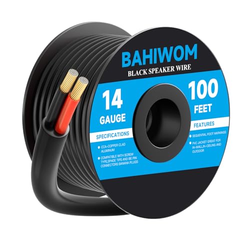 BAHIWOM 14 Gauge Speaker Wire 100 Feet CL3 Related CCA Black Cable with 2 Conductors for Outdoor Direct Burial Backyard Garden Home Car in-Wall Speaker