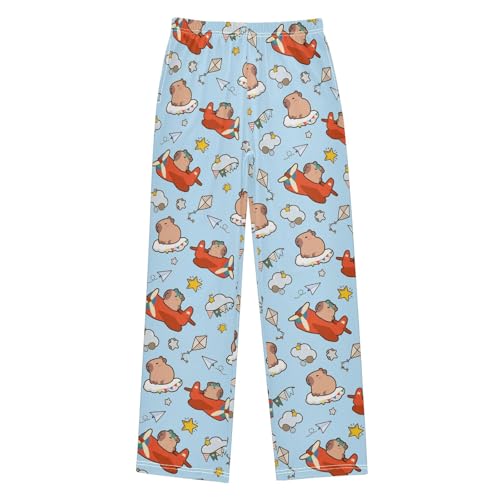 Cartoon Capybara Pilot Blue Cute Pajama Pants, Soft Sleepwear Lounge Pants Pajama Pj Bottoms for 6-14 Years