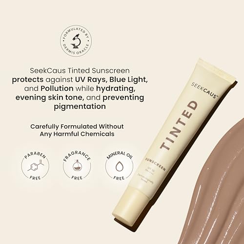 Image of Seekcaus Tinted Sunscreen SPF 50 PA++++ for Men & Women | Broad Spectrum UVA UVB & Blue Light Protection | Non-Sticky Non-Greasy Water & Sweat Resistant | No White Cast | Dermatologist Tested | Suitable for All Skin Types | 50 g
