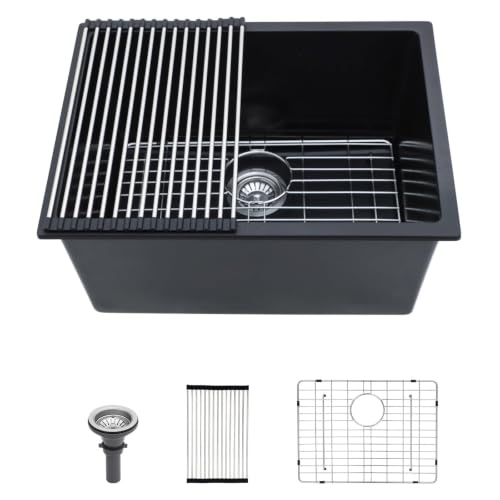 Fregadero de lavandería bajo mostrador 61 cm compuesto granito cuarzo clásico negro profundo extra 2