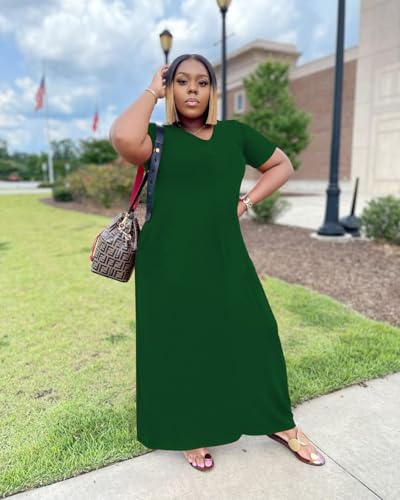 Image of TOPSRANI Womens Plus Size Maxi Dresses for Women Oversize Casual Short Sleeve V Neck Loose Plain Solid Trendy Summer Dress
