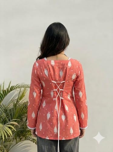 Image of Rudra Creation New Printed top with dori for Skin Fitting 601-Peach