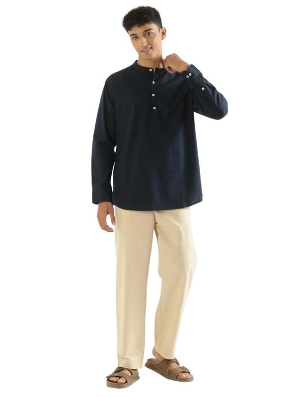 Image of SAADAA Men's Short Kurta - Linen Cotton Blend, Airy Fabric, Regular Fit, Mandarin Collar, Solid Color - Casual, Festive & Ethnic Wear