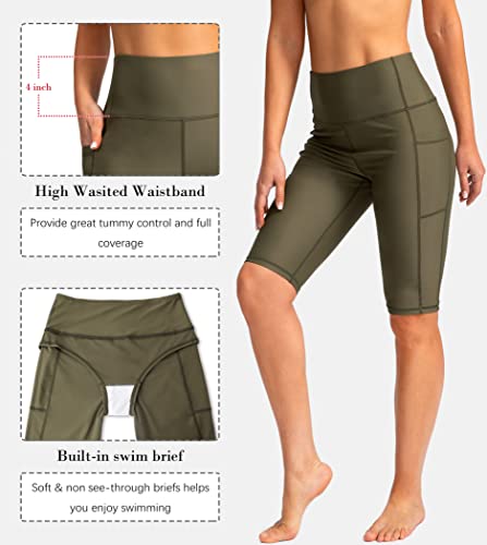 Image of SANTINY Women's High Waisted Swim Shorts with Pockets UPF50+ Long Board Swimming Shorts for Women with Liner