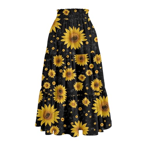 Womens Midi Skirts with Pockets 2025 Summer Long High Elastic Waist Beach Boho Flowy Ruffle A-Line Retro Floral Maxi Skirt4