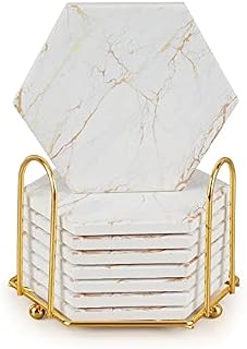 Geichan Drink Coasters with Metal Holder , 8pcs White and Gold Marble Coasters for Various Cups, Tables & Home DecorGift for Birthday Housewarming Kitchen Bar