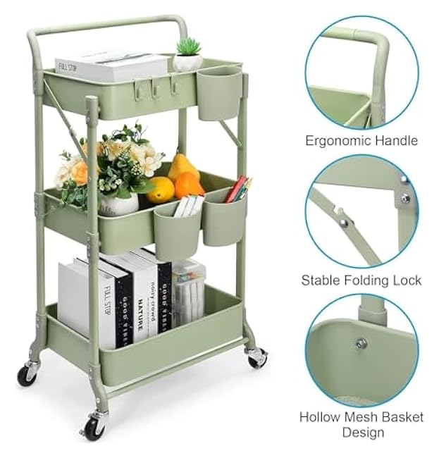 ´¢Îï³µ Foldable 3-Tier Metal Rolling Cart - Collapsible Storage Trolley with Wheels, Space Saving Utility Organizer for Kitchen, Bathroom, Dorm, Office, Closet-IoXorxLa