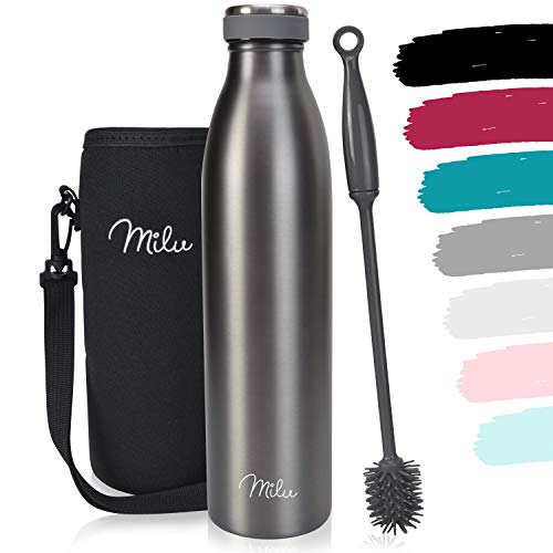 Milu Roestvrijstalen Drinkfles - 500ml, 750ml, 1L - BPA-Vrij, 100% Lekvrij - Thermosfles, Vacuümfles voor Sport, Kinderen, School, Fitness, Buiten, Kamperen (Grijs, 750ml)