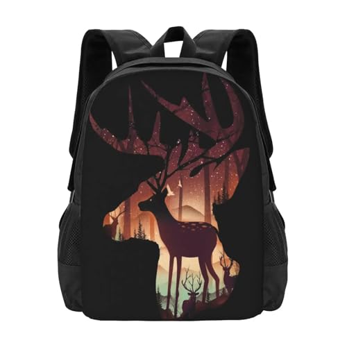 ASDCTYTKO Mochila escolar de ciervo místico Mochila de moda Ciervo místico Naturaleza mística Árboles Ilusión Ciervos Animales Madera Sueños regalo de festival