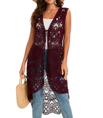 GLEAMISS Women's Crochet Long Vest Sleeveless Lace Cardigan Hollow Out Kimino Cover Up