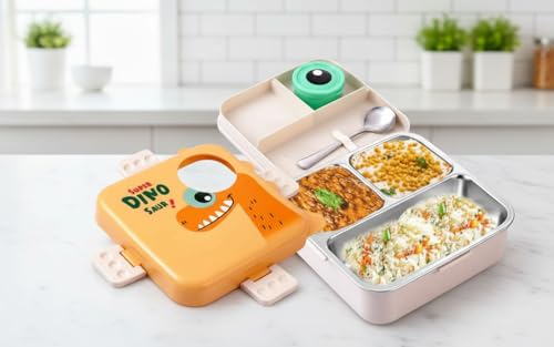 Image of Darkpyro Super Dinosaur Cartoon Kids Lunch Box with Compartments - Air Vent, Spoon, Sauce Container & Stainless Steel Tray - Yellow Dinosaur Design(1100ml+50ml